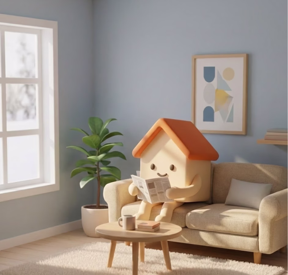 Bobbo, la mascotte de la maison Bofrid, lisant un journal sur un canapé dans un salon baigné de soleil